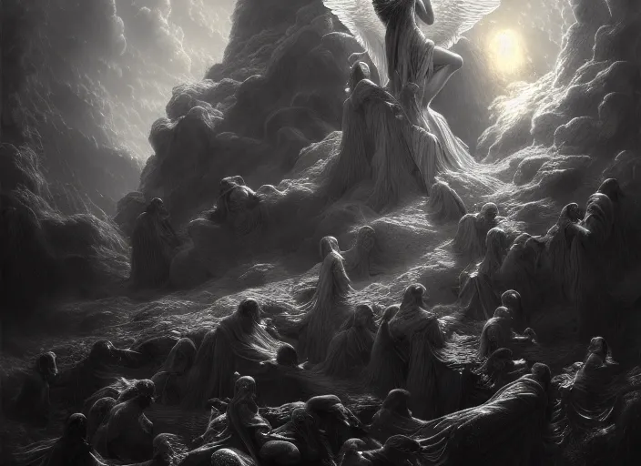 Image similar to heaven with angels, british notes raining down beautifully, fantasy, dramatic, intricate, elegant, highly detailed, digital painting, artstation, concept art, smooth, sharp focus, illustration, art by Gustave Dore, octane render