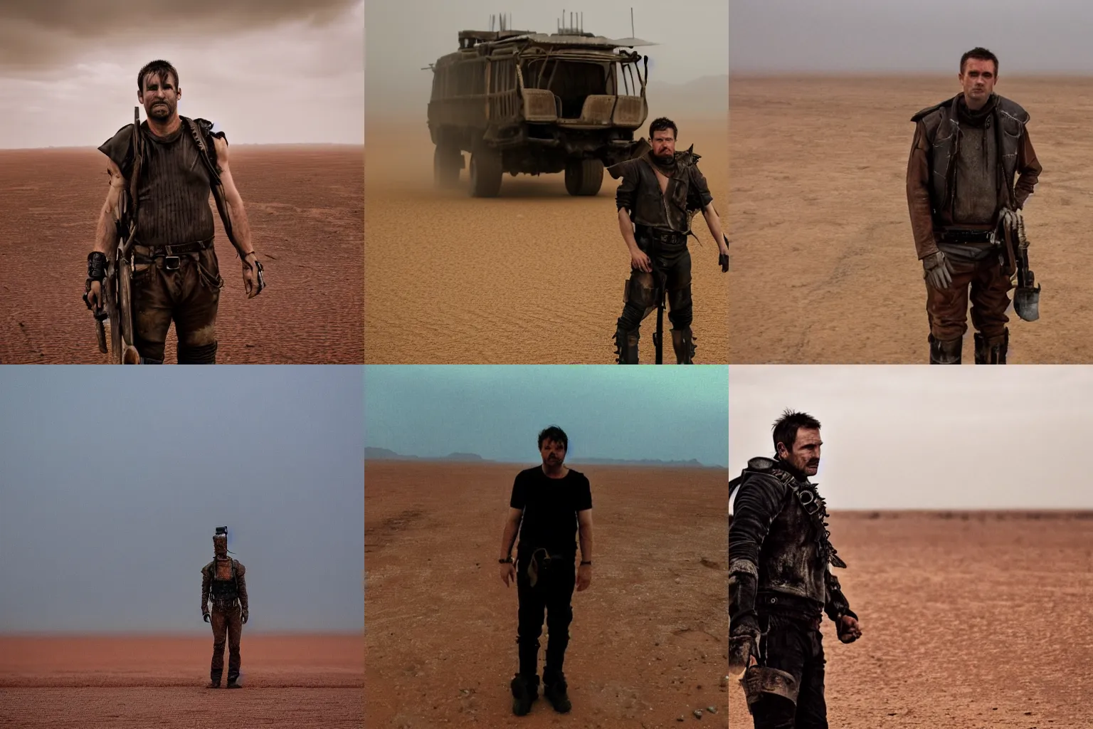 Prompt: mad max standing alone in a desert during monsoon season