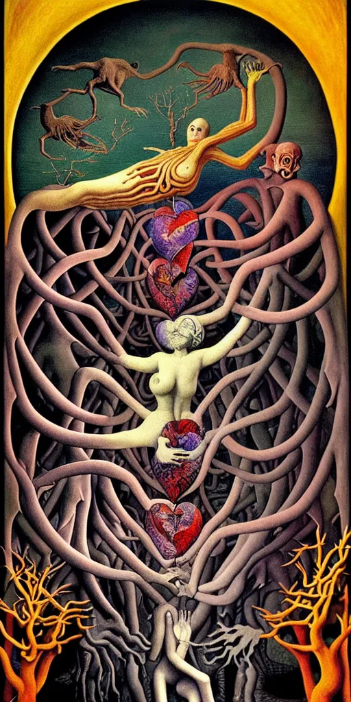 Image similar to mythical creatures and monsters in the visceral anatomical human heart imaginal realm of the collective unconscious, in a dark surreal painting by johfra, mc escher and ronny khalil