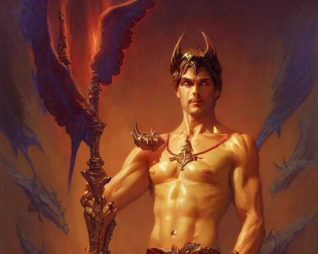 Image similar to attractive male deity, casting demonic magic, summoning handsome lucifer morning star. highly detailed painting by gaston bussiere, craig mullins, j. c. leyendecker 8 k