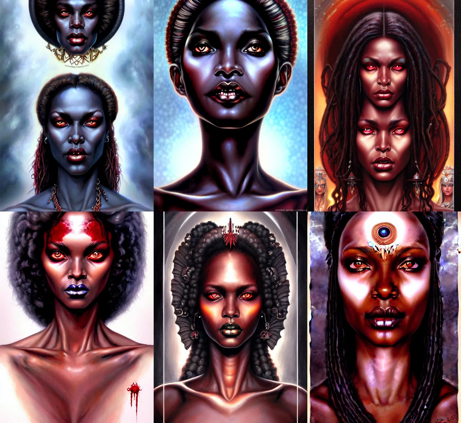 Prompt: stunning goddess of blood portrait, clear eyes and dark skin. realistic, symmetrical face. art by bowater charlie, mark brooks, julie bell, arian mark, tony sandoval