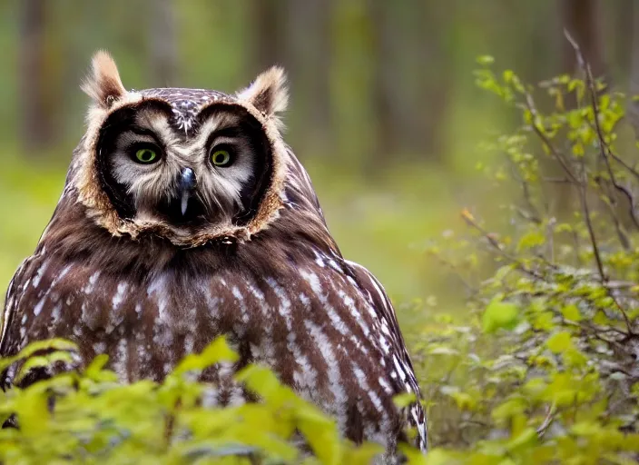 Image similar to an award winning photo of an owlbear, enviromental portrait, forest, 4 k, wildlife photography, high quality, national geographic