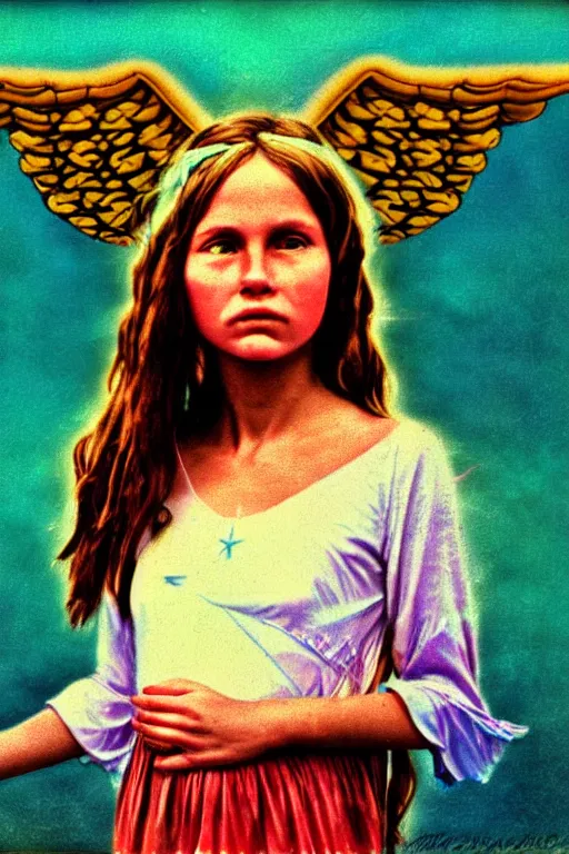 Image similar to old realistic photo of an hippie girl as an angel, photograph, color picture, late 1 9 6 0's, highly detailed, matte, sharp focus, smooth, sharp focus, illustration