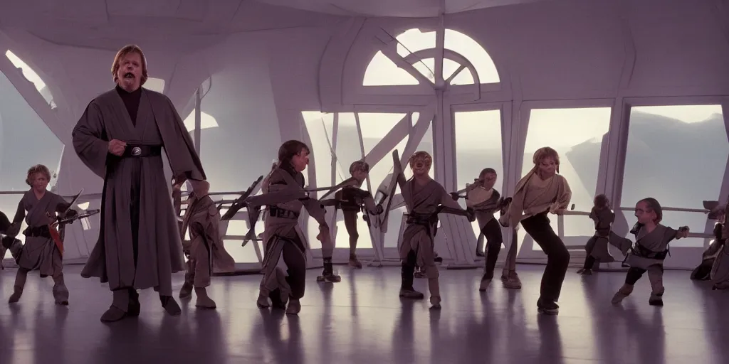 Image similar to A still of Mark Hamill as Jedi Master Luke Skywalker training a room full of young Jedi padawans, with large windows showing a sci-fi city outside, at dusk at golden hour