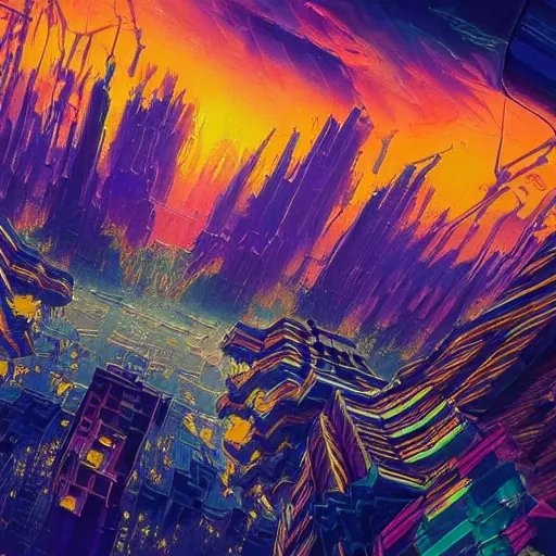 Prompt: Hyperdetailed render of A beautiful painting of Fractal abstract painting of psychedelic cyberpunk city in blue-purple-orange color scheme in I can't believe how detailed this is. by greg rutkowski, Trending on artstation Taro card, cubism brutalism architecture, Lava Canyons, magma burst, little crystals everywhere