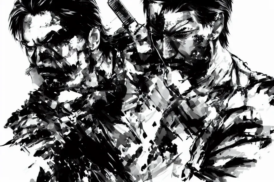 Image similar to a full - body portrait of chow yun - fat, in yoji shinkawa's art style, metal gear solid art style highly detailed, 4 k, artistic, white background, b & w