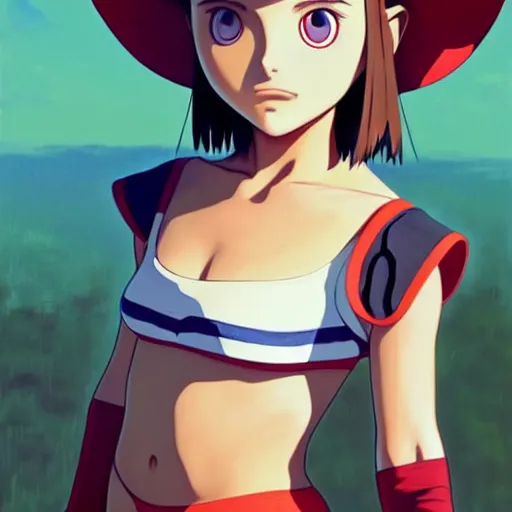 Image similar to beautiful boyish natalie portman gravure model in majora's mask, wearing wooden mask and baseball cap and leotard, street wear with subtle mayan patterns, aztec bathing suit, gapmoe yandere grimdark, trending on pixiv fanbox, painted by greg rutkowski makoto shinkai takashi takeuchi studio ghibli, akihiko yoshida