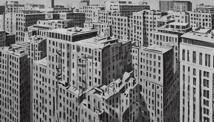 Image similar to american city, modern times, an apartment building, four stories high, with a huge water tank on the roof. the color of the picture is gray, and the painting style is realistic and retro