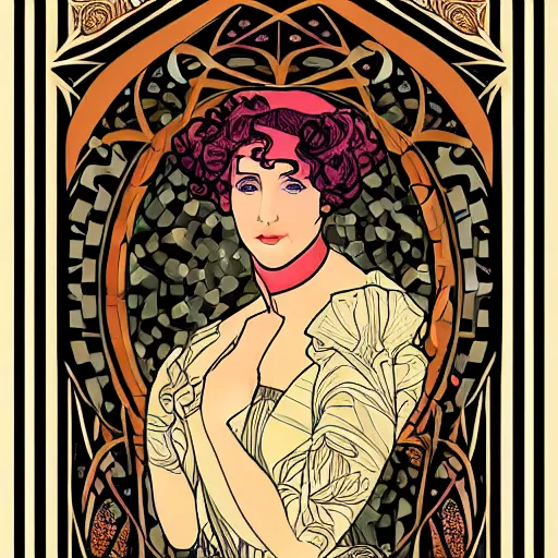 Image similar to art nouveau poster portrait of a woman, in the style of Mucha, on a detailed geometric art nouveau background design