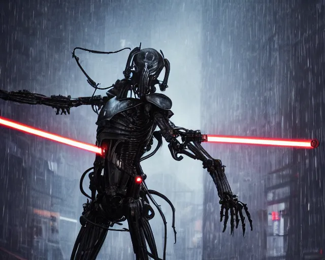 Prompt: photo of general grievous with 4 hands holding 4 activated lightsabers in the rain. cyberpunk horror style. highly detailed 8 k. intricate. nikon d 8 5 0 5 5 mm. award winning photography. art by hr giger