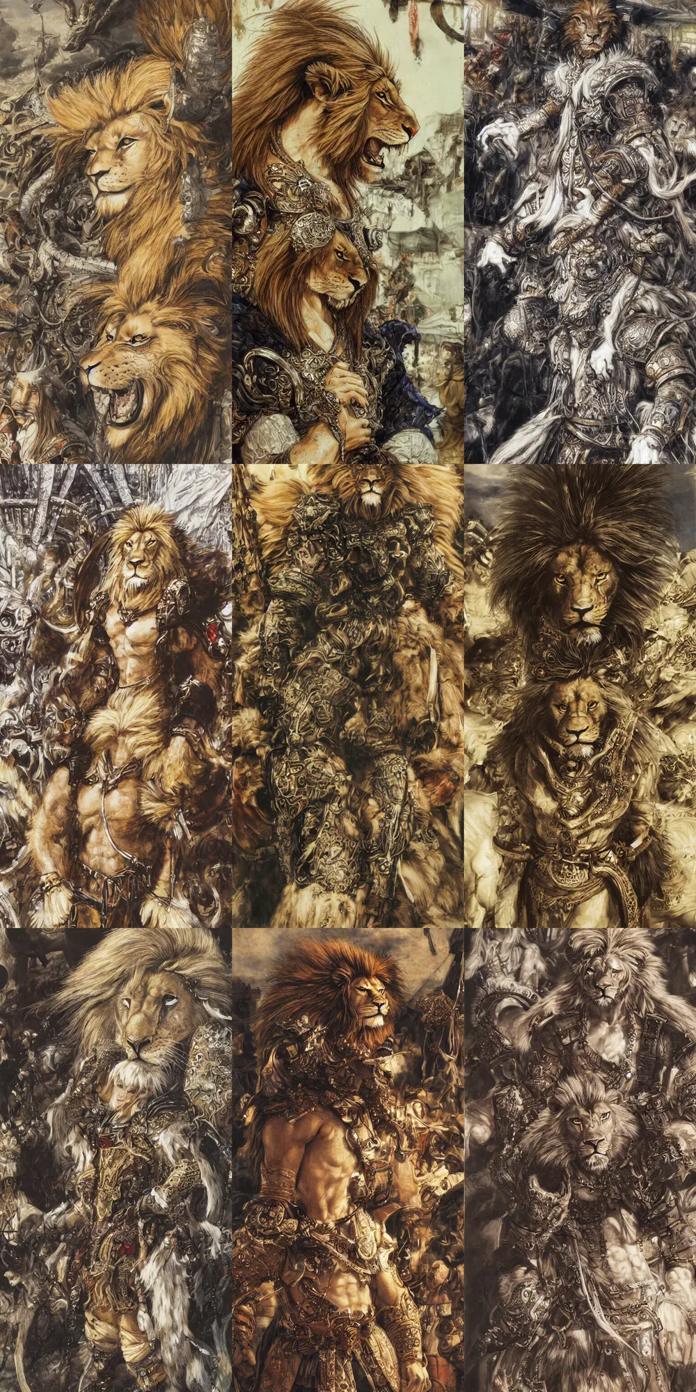 Image similar to 8 k yoshitaka amano painting of upper body of a young cool looking lion beastman with white mane at a medieval market at windy day. depth of field. he is wearing complex fantasy clothing. he has huge paws. renaissance style lighting.