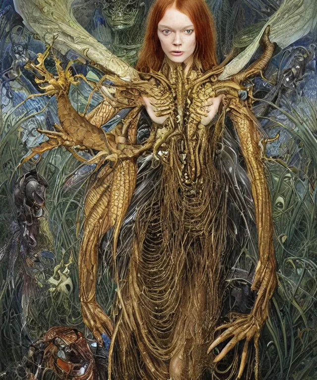 Prompt: a portrait photograph of a eager sadie sink as a strong alien harpy queen with amphibian skin. she trying on a glowing and black lace shiny metal slimy organic membrane parasite and transforming into an evil insectoid snake bird. by donato giancola, walton ford, ernst haeckel, peter mohrbacher, hr giger. 8 k, cgsociety