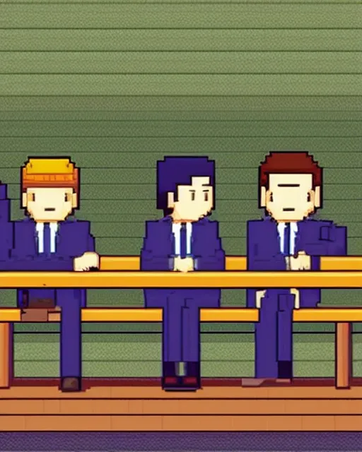 Prompt: three men in suits sitting on a bench, pixel art by hiroshi nagai and by guy billout and by philippe bouchet, cg society, pixel art, 2 d game art, # pixelart, ps 1 graphics