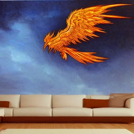 Prompt: Glowing Phoenix bird flying above a city at night painted by Caravaggio. High quality.