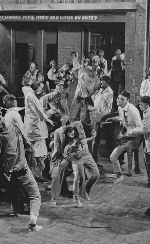 Prompt: patients partying outside the dance club during a war, highly detailed, teenage movie