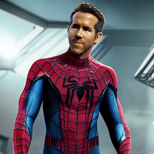 Image similar to ryan reynolds in a reverse coloured spider - man suit, cinematic, volumetric lighting, f 8 aperture, cinematic eastman 5 3 8 4 film, photorealistic