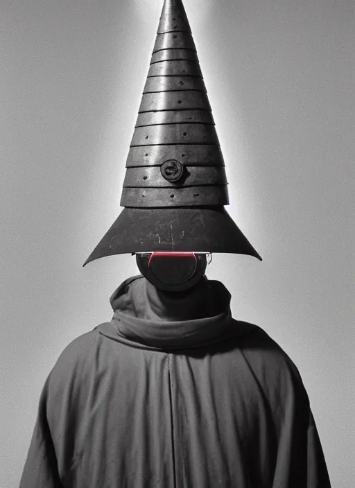 Image similar to realistic photo of a a scientist ritual monk medieval cone hat helmet made of wood, with plastic details detailed, covered in tesla electricity lasers aura, greyscale 1 9 9 0, life magazine photo, natural colors,