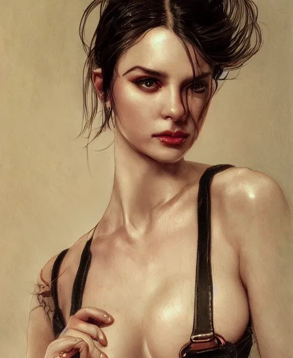 Image similar to a highly detailed portrait, intricate leather suspenders, wet silk, honey birdette, realistic portrait, deep focus, matte, digital painting, artstation, concept art, smooth, sharp focus, cinematic lighting, art by artgerm and greg rutkowski and alphonse mucha, araki nobuyoshi, anders petersen