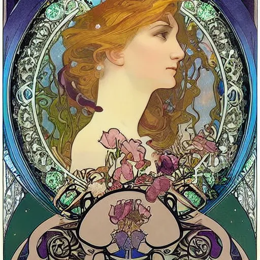 Image similar to Alice in Wonderland,Diamonds Blaze,Rose twining,out of time and space,dreamy, eternity, romantic,highly detailed,in the style of Alphonse Maria Mucha, highly detailed,night lighting