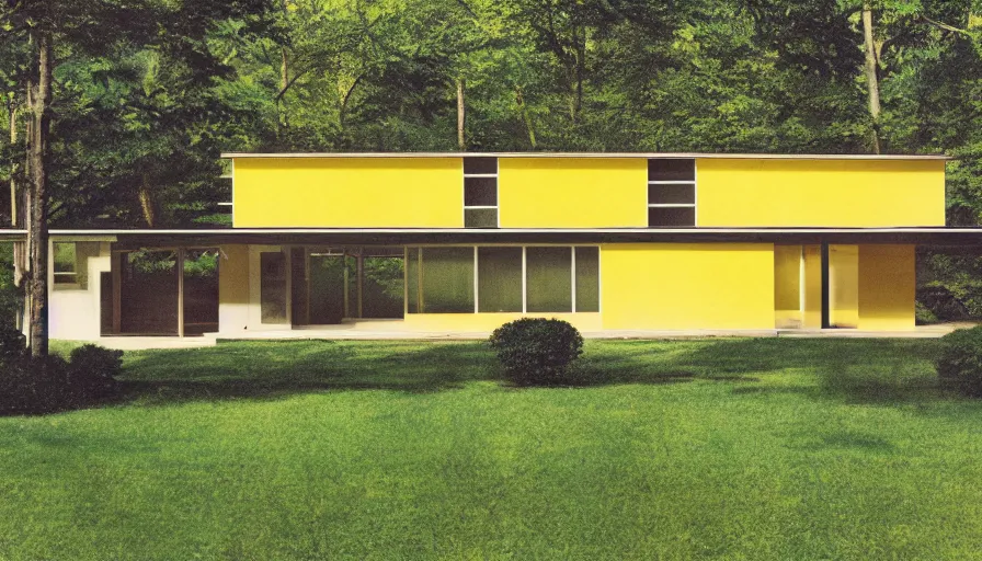 Prompt: architecture ad for a mid-century modern house designed by mies van der rohe. Film grain, cinematic, colorized, yellow hue.