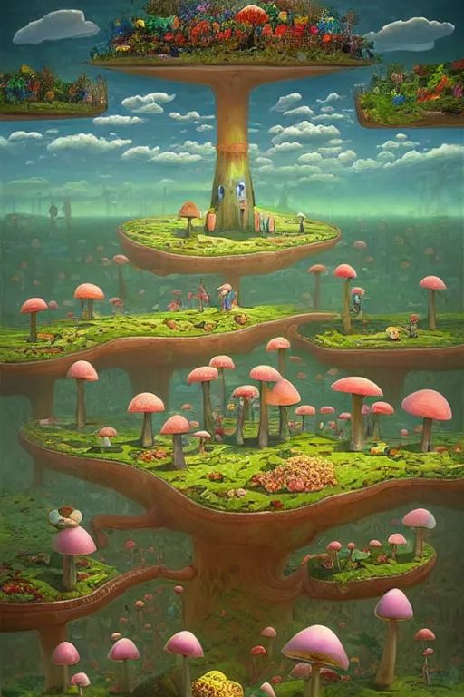 Image similar to surreal mushroom kingdom, floating island in the sky, water pipes in the ground, summer morning, very coherent and colorful high contrast, art by!!!! gediminas pranckevicius!!!!, geof darrow, dark shadows, hard lighting