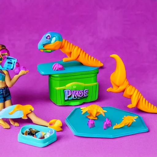 Prompt: a polly pocket type toy set that is themed around dinosaurs