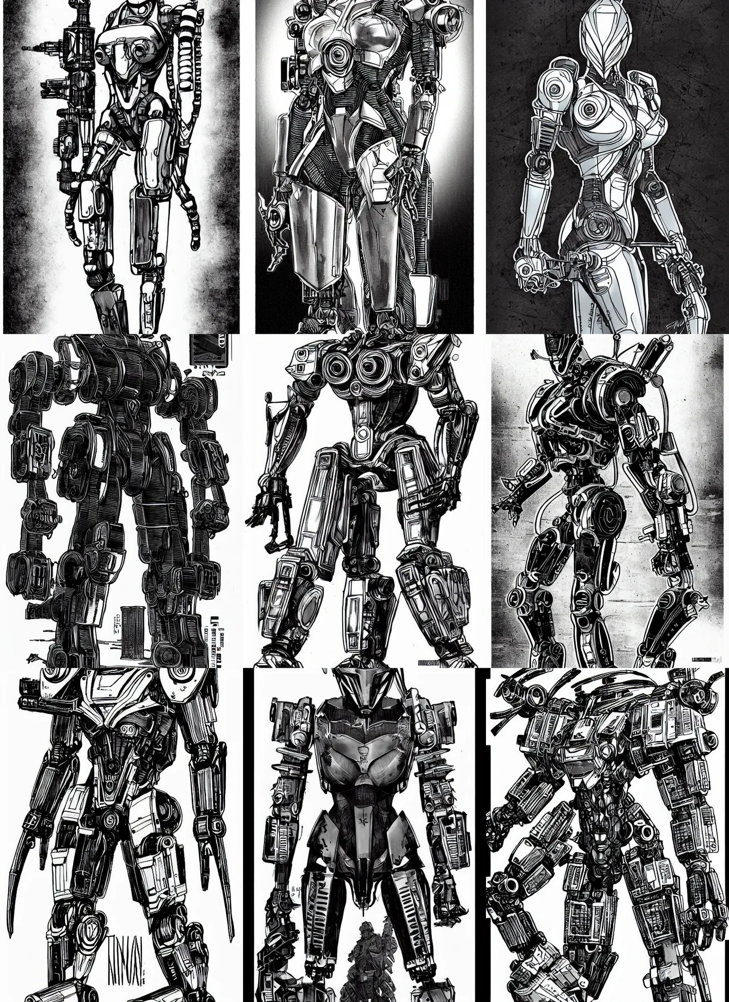 Prompt: combat ninja robot designed by jony ive and dieter rams, warframe art, feminine proportions, mecha, portrait, cyberpunk 2 0 2 0 manual, by steampoweredmikej, by tim bradstreet, inktober, ink drawing, black and white, coloring pages, manga, highly detailed