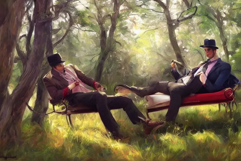 Prompt: 2 attractive men sitting on a coach in forest, painting by vladimir volegov, tom of finland, trending on artstation