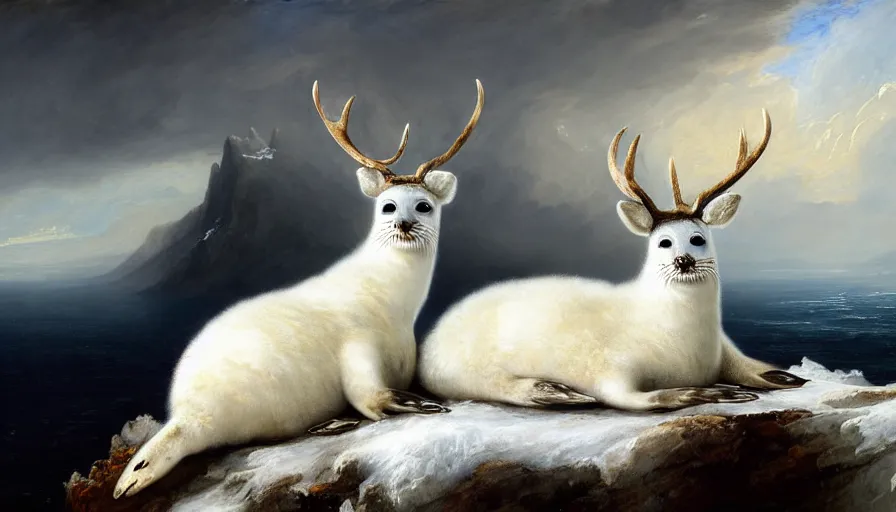 Prompt: highly detailed painting of cute furry white baby seal deer with big furry antlers cuddling into each other on a blue and white iceberg by william turner, by greg rutkowski, by william constable, thick brush strokes and visible paint layers, 4 k resolution