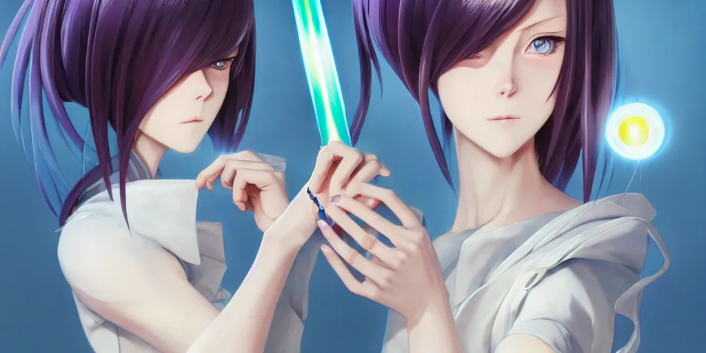 Image similar to coco rocha as a beautiful anime girl holding a light source inside her hand, she wears samurai armor, expert high detail concept art, character design, perfect proportions defined face, vivid colors, photorealistic shaded lighting poster ilya kuvshinov, katsuhiro, makoto shinkai, wlop, loish and clamp style, trending on artstation, best selling artist