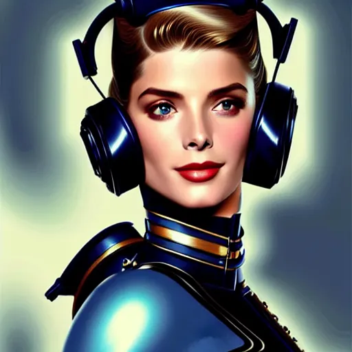 Image similar to Ashley Greene's face combined with Grace Kelly's face with blue hair wearing Power Armor and a headset, western, D&D, fantasy, intricate, elegant, highly detailed, digital painting, artstation, concept art, matte, sharp focus, illustration, art by Artgerm and Greg Rutkowski and Alphonse Mucha