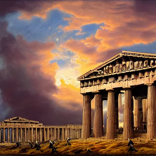 Prompt: the Parthenon with wings, flapping its wings flying in sunset sky, oil on canvas, portrait, intricate, 8k highly professionally detailed, HDR, CGsociety