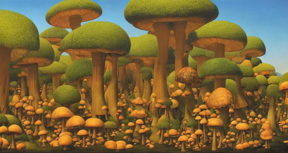 Prompt: A tribal village in a forest of giant mushrooms, by Thomas Blackshear