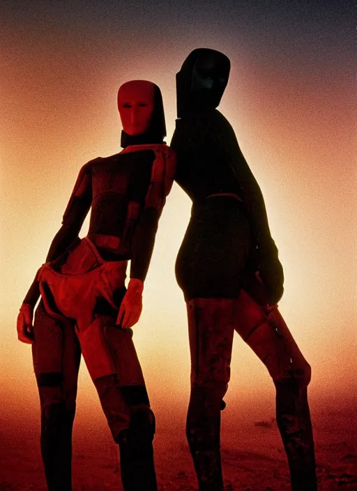 Prompt: cinestill 5 0 d photographic portrait by steve mccurry of two loving female androids wearing rugged black mesh techwear on a desolate plain with a red sky, extreme closeup, cyberpunk style, dust storm, 8 k, hd, high resolution, 3 5 mm, f / 3 2, ultra realistic faces, ex machina, blade runner