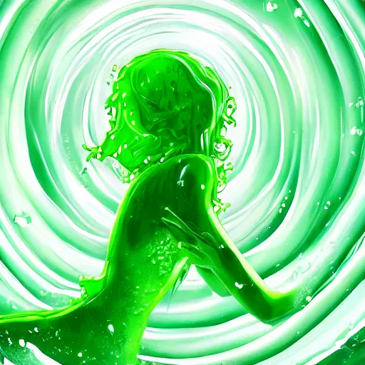 Image similar to a beautiful green slimegirl woman emerging from the center of a pool of slime in a bright white hallways, anime key visual