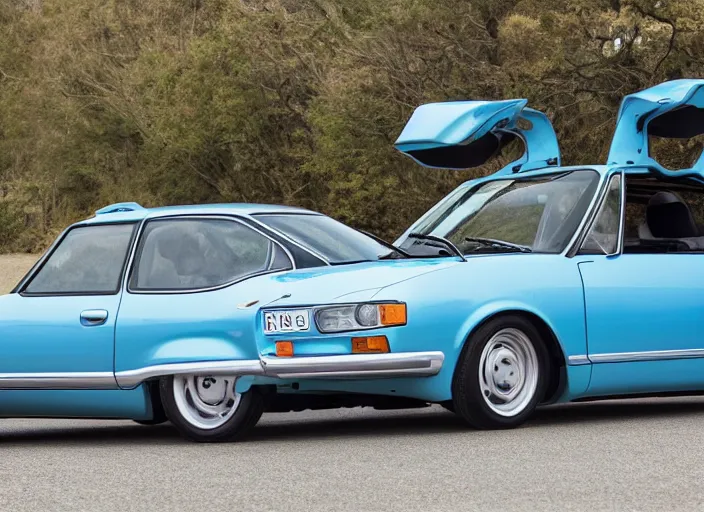 Image similar to photo still of a toyota corolla with open!!! gullwing doors!!! gullwing doors gullwing doors!!!, 8 k, 5 2 mm f 1 2