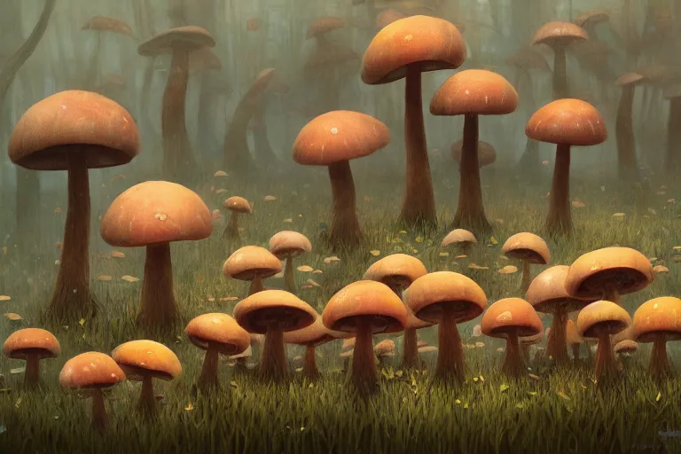 Prompt: mushroom forest by Shaun Tan and Hiroshi Yoshida, trending on artstation