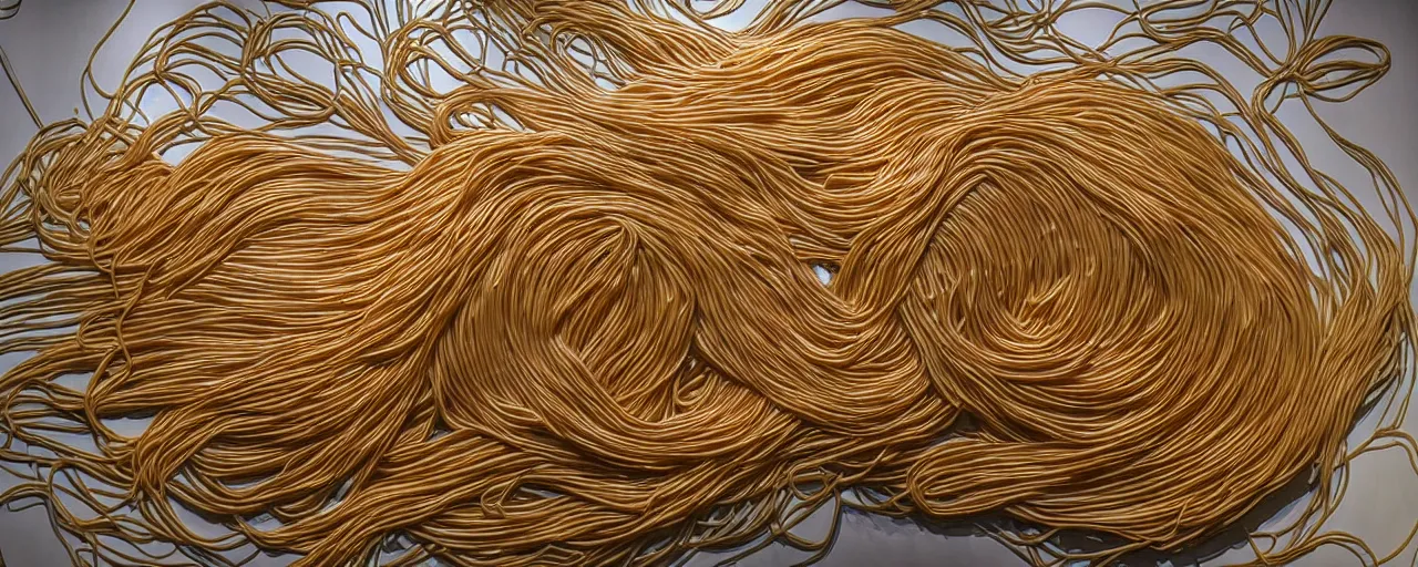 Prompt: famous sculpture made of spaghetti in ny museum of modern art, in the style of louise bourgeois, kodachrome film, retro