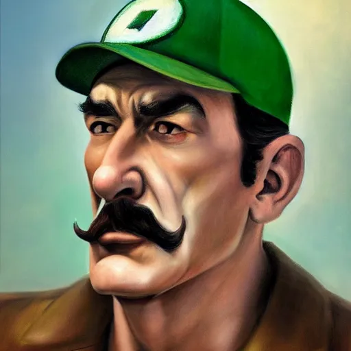 Image similar to An ultra realistic portrait painting of Luigi wearing his cap in the style of Frank Frazetta, 4k, Ultrarealistic, Highly Detailed, Dark Fantasy, Epic Lighting