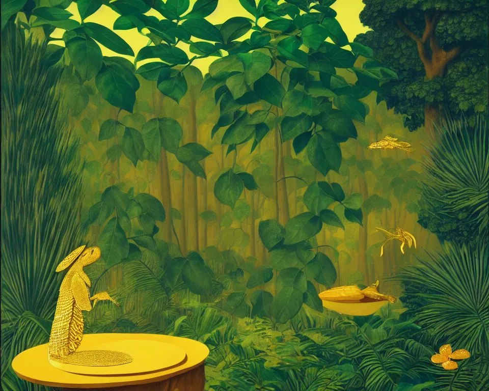 Prompt: an achingly beautiful print of golden scales in the middle of the jungle by Raphael, Hopper, and Rene Magritte. detailed, romantic, enchanting, trending on artstation.