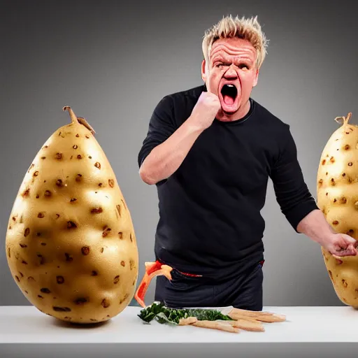 Image similar to Extremely angry Gordon Ramsey is yelling at a potato, studio photography