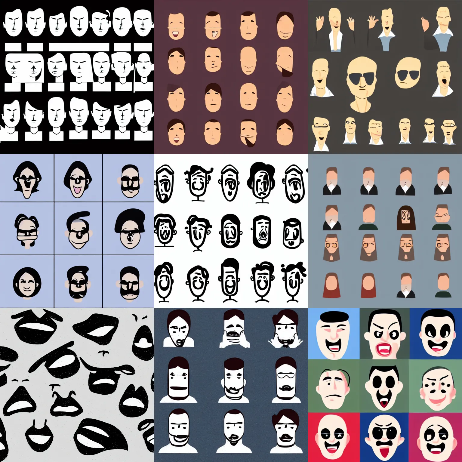 Prompt: minimallist illustration of a variety of commonly - intuited facial expressions