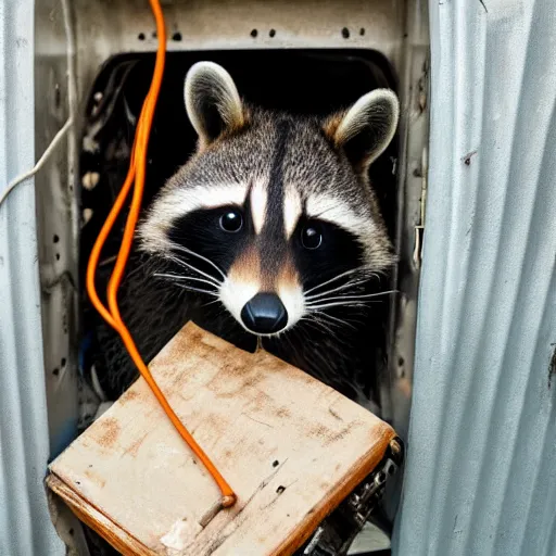 Image similar to raccoon wearing leather jacket and playing electric guitar in a dumpster