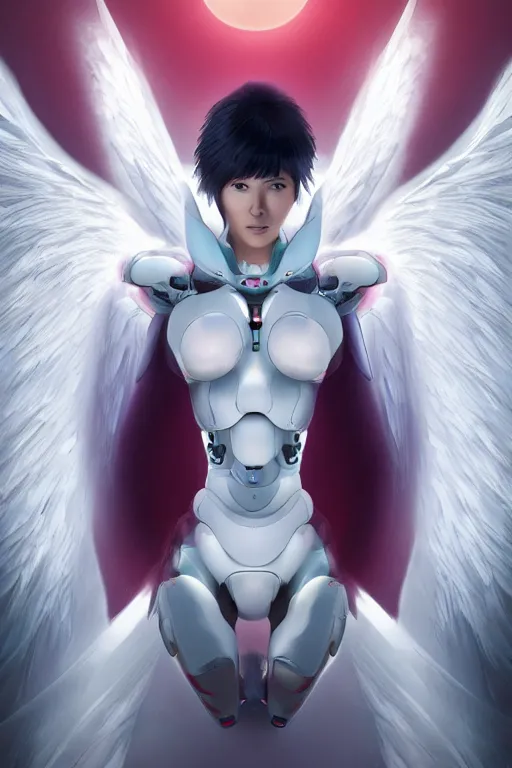 Image similar to white arc-angel with mystic robotic wings,akira, ghost in the shell, ultra detailed, digital art, 8k ,character ,realistic, portrait, hyperrealistic