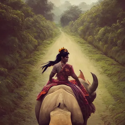 Prompt: wide angle shot of a beautiful girl wearing Assamese mekhela riding a rhino in Kaziranga, D&D, cute, fantasy, intricate, black hair, elegant, highly detailed, digital painting, artstation, concept art, smooth, sharp focus, illustration, art by artgerm and greg rutkowski and alphonse mucha