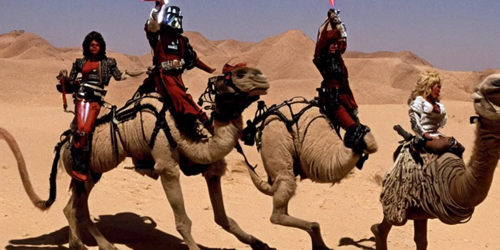 Image similar to Dolly Parton is riding a camel in a Star Wars fight scene, holding lightsaber, X-wing Starfighter