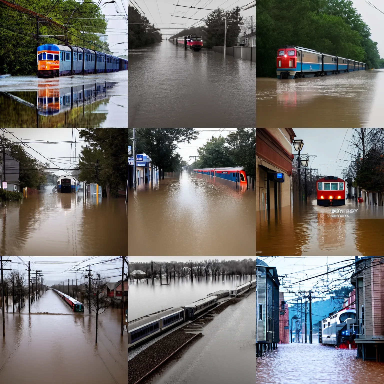 Prompt: a train traveling through a flooded street, a stock photo by allen tupper true, trending on cg society, regionalism, iso 2 0 0, sabattier filter, sabattier effect