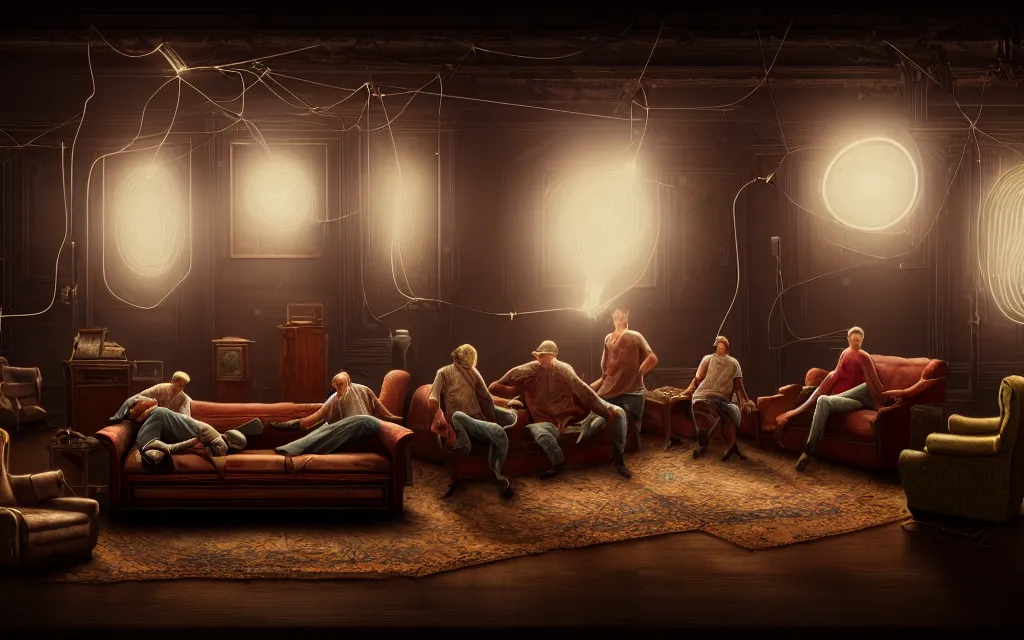 Image similar to A group of people sitting on an old couch in an old room with dusty antique furniture all around, very detailed, cyberpunk wires and oled monitors on the walls, digital displays and holographic projections, ultrarealistic, dramatic lighting, electrical details, high details, 4k, 8k, best, accurate, trending on artstation, artstation, photorealism, ultrarealistic, digital painting, style of Caravaggio, Boris Vallejo