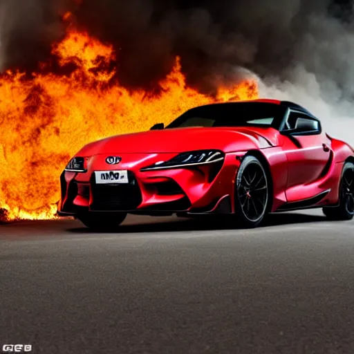 Image similar to Toyota Supra driving trough fire, 8k UHD, studio photography, high quality, high detail, stunning lighting