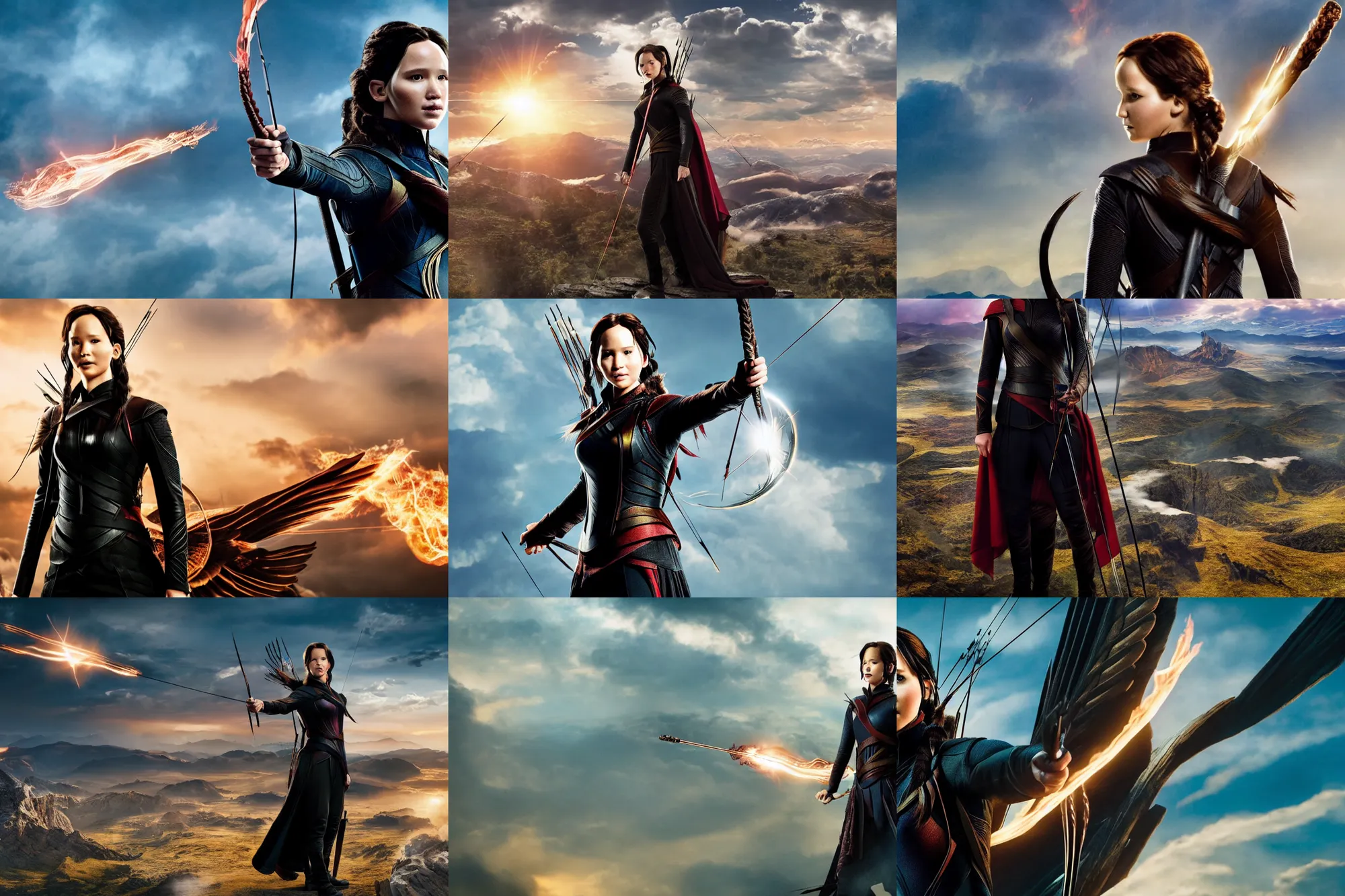 Prompt: katniss everdeen as the ancient one from'doctor strange ', hd aerial photography, high altitude, clouds and fields in background, lens flare